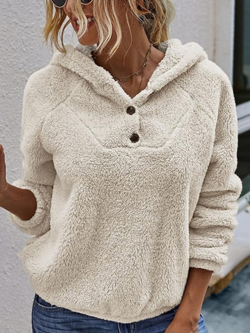 Women's Cream Hooded Sherpa Pullover with Button Neck